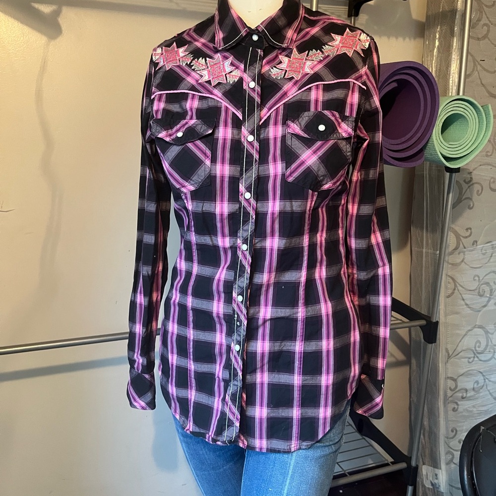 Rock & Roll Cowgirl Pink and Black Plaid Shirt